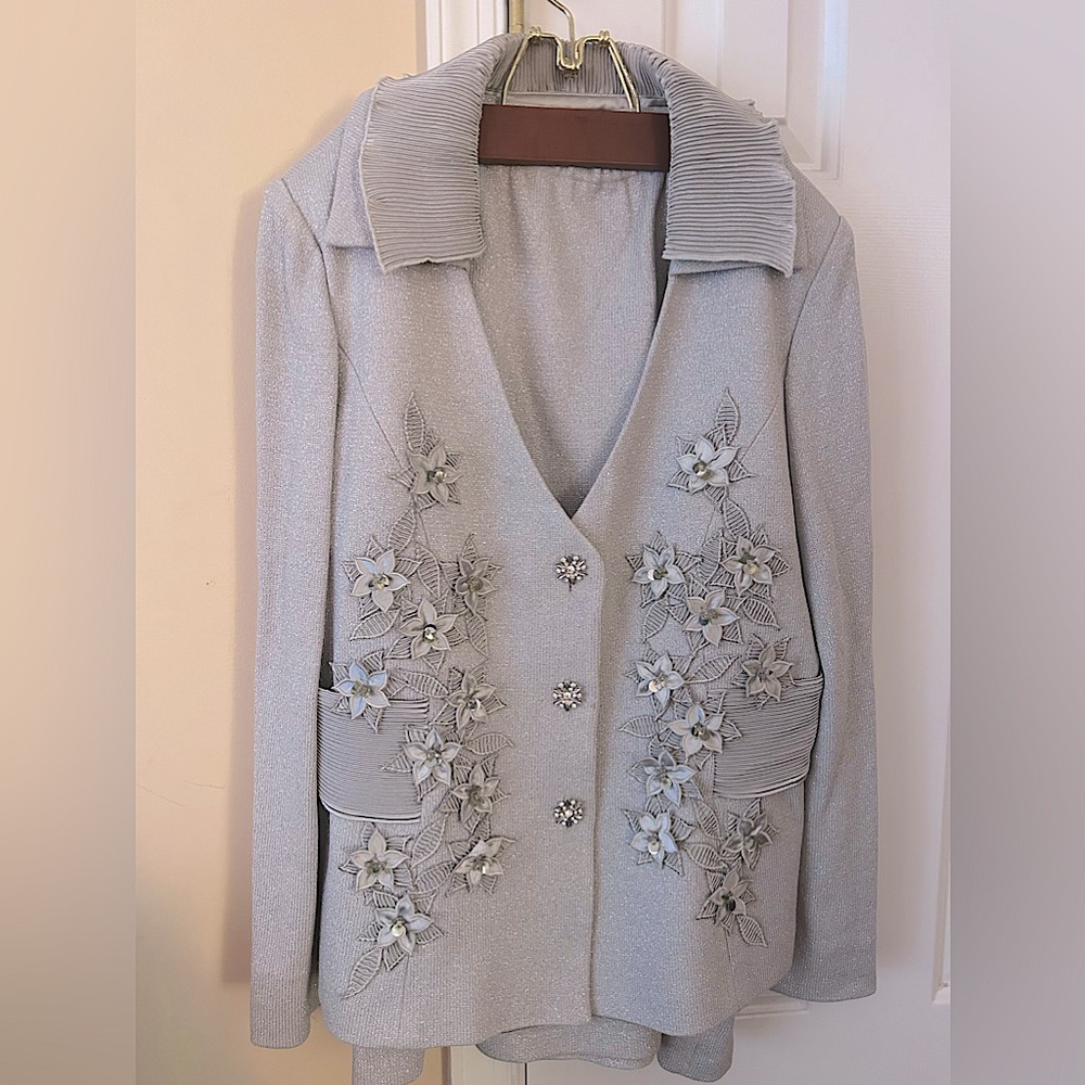 2pc SET Dress Skirt/ rhinestone embellished gray metallic jacket